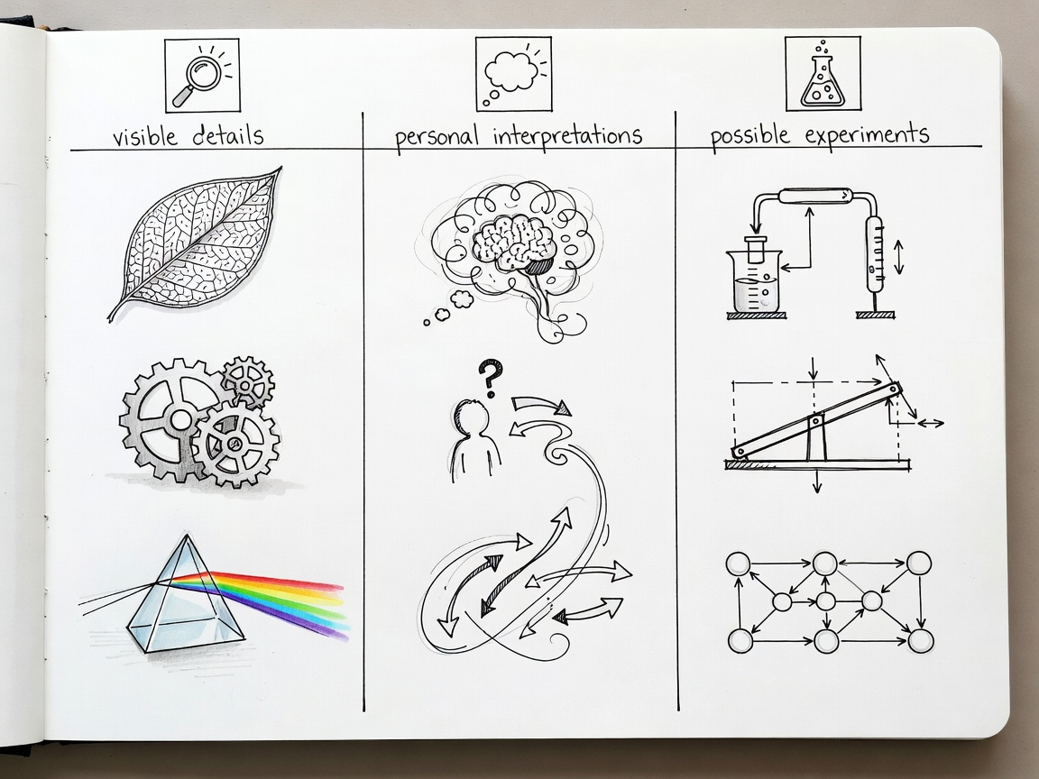 Illustrated notebook separates visible details, personal interpretations and possible experiments into three columns.