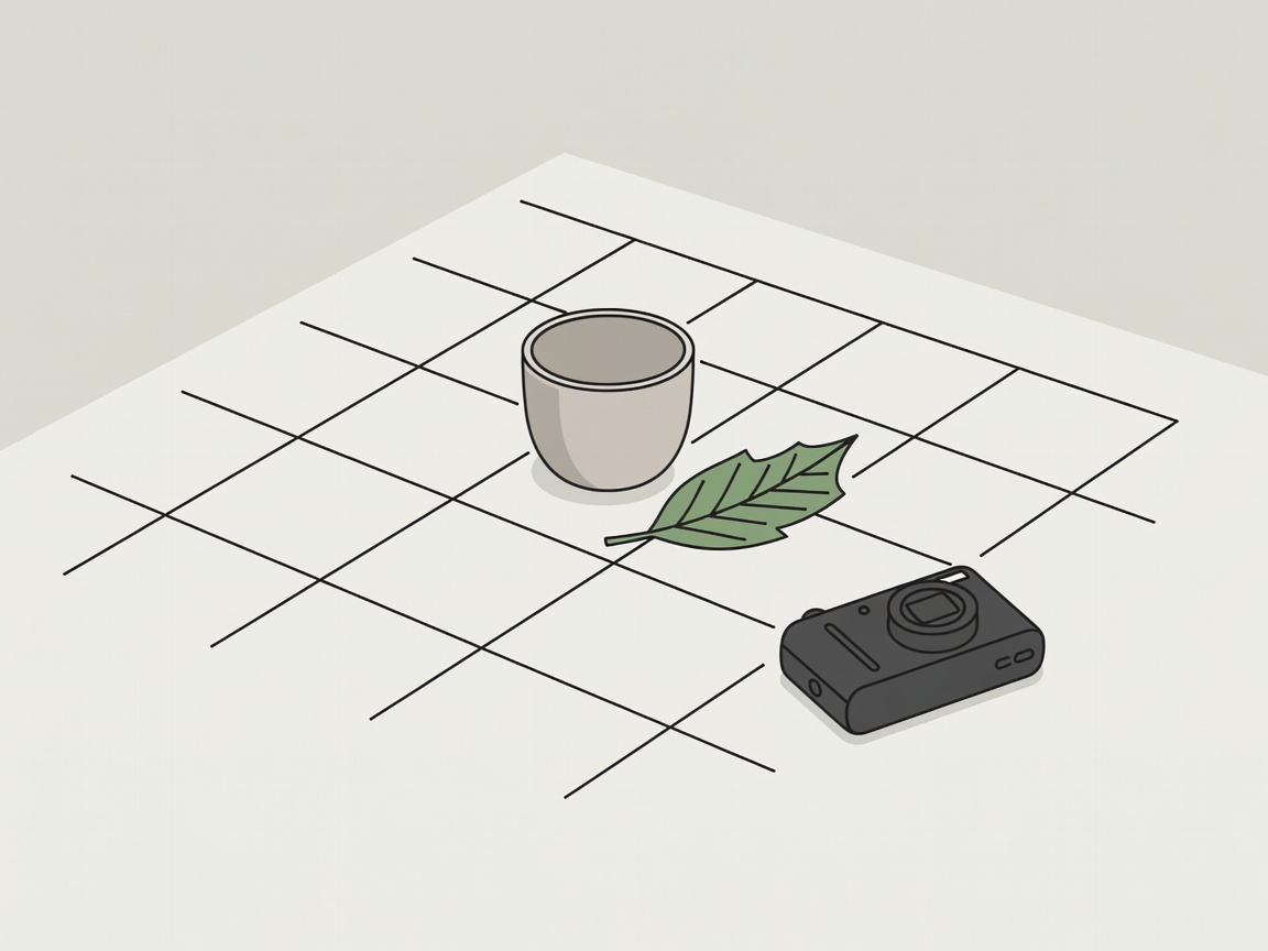 Illustrated hands hold a phone over a cup and leaf, with a simple composition grid on the screen.