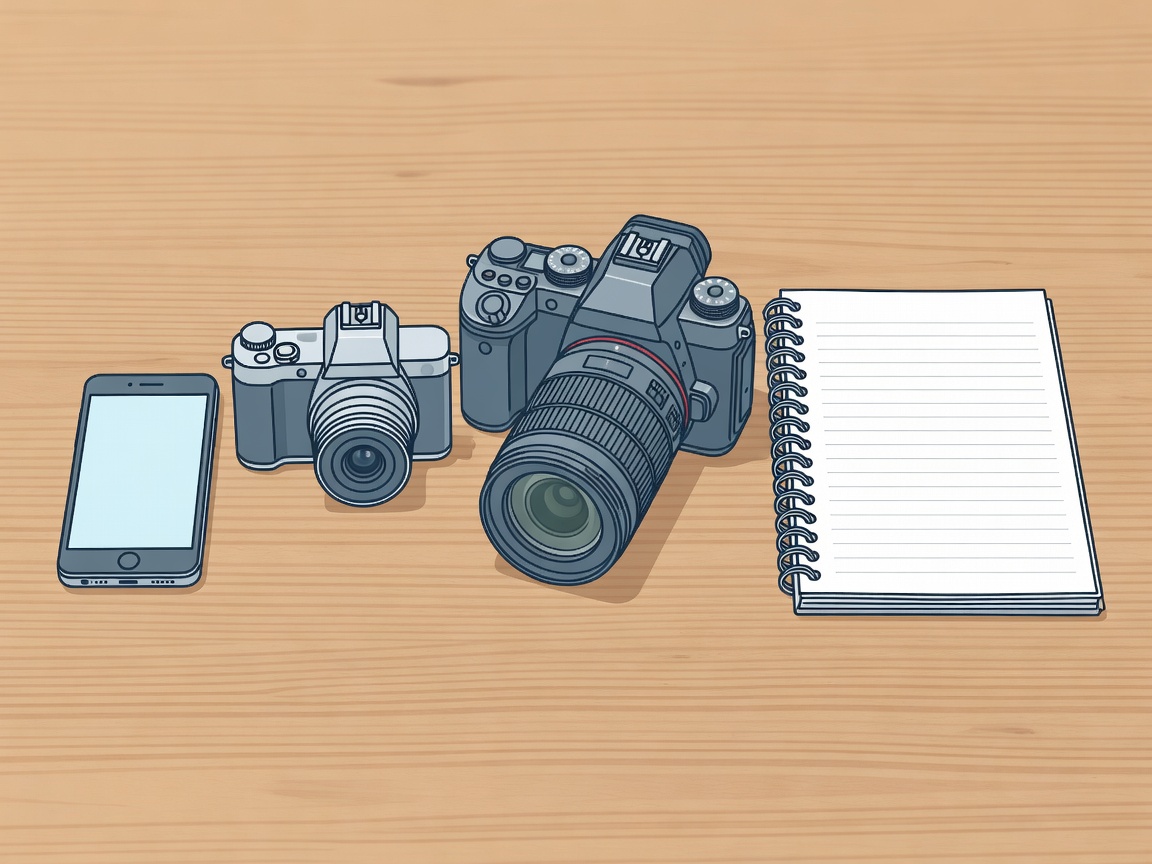 Flat illustration of a phone, compact camera and interchangeable-lens camera beside a notebook of shooting needs.