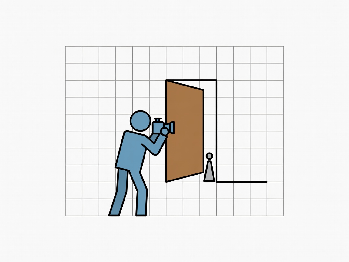 A vector doorway scene with a small photographer and a visible thirds grid for comparing placement.