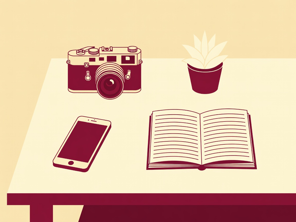 Flat burgundy and cream illustration of a camera, phone, plant and open observation notebook on a shared worktable.