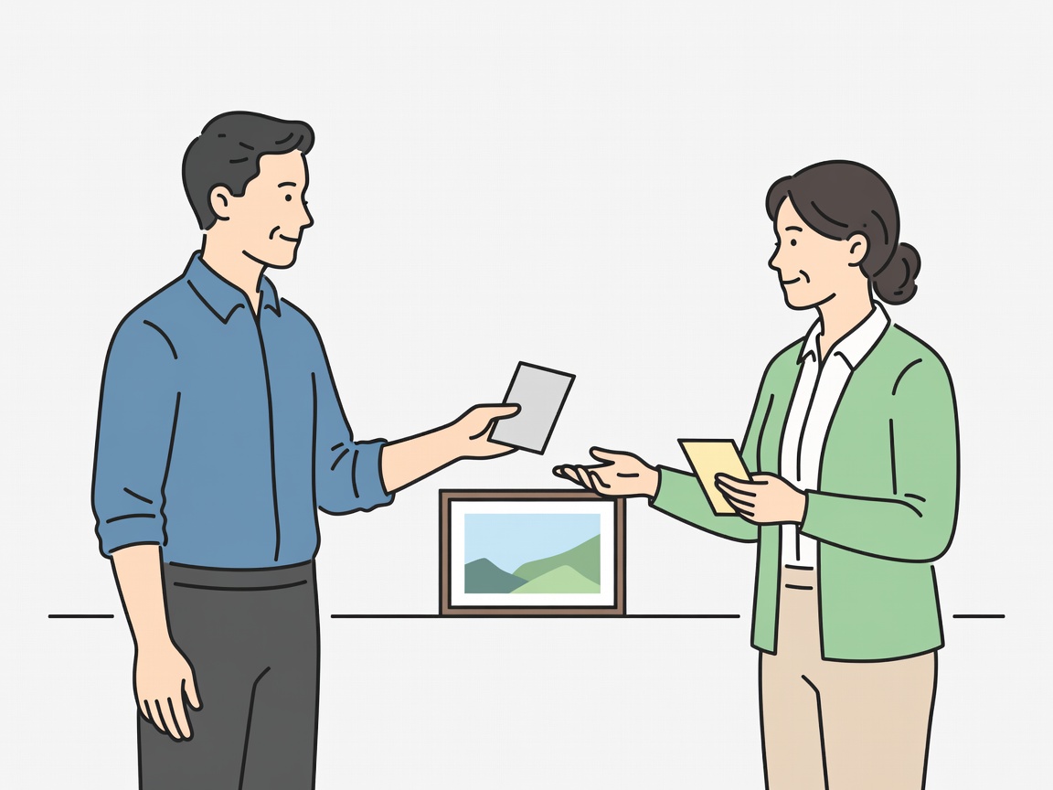 Two adults in a flat vector scene exchange observation and question cards beside a framed photograph.