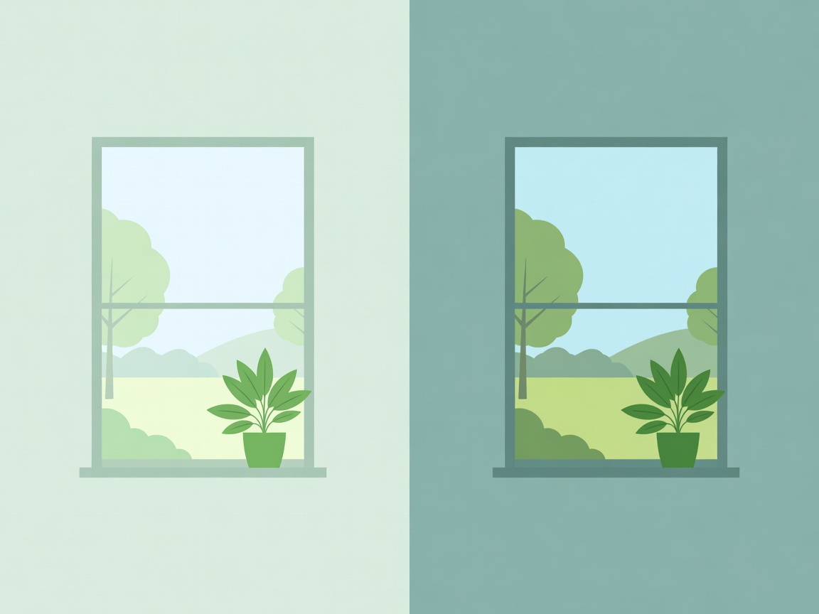 Two flat vector panels compare a window scene before and after a gentle reduction in background brightness.