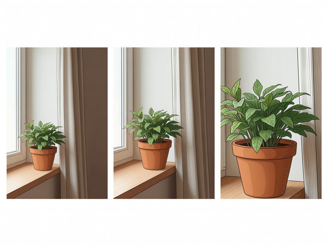 An illustrated plant appears in three frames, moving from a wide room view to a close leaf detail.